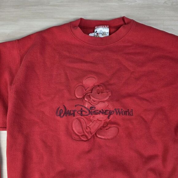 Y2K Walt Disney World Mickey Mouse Sweatshirt Size Medium Red Embossed Print - Picture 3 of 7